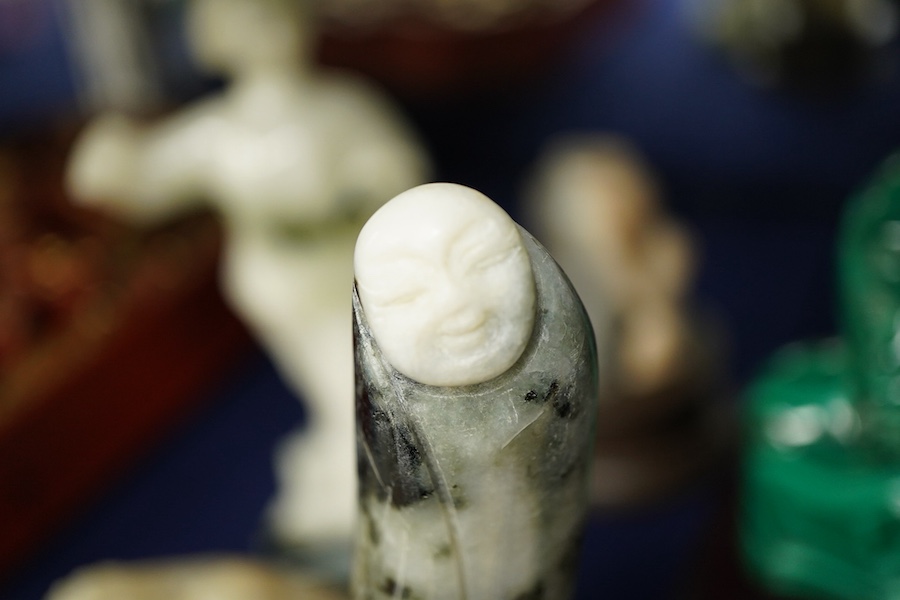 A group of six Chinese hardstone and soapstone carvings, tallest 13cm